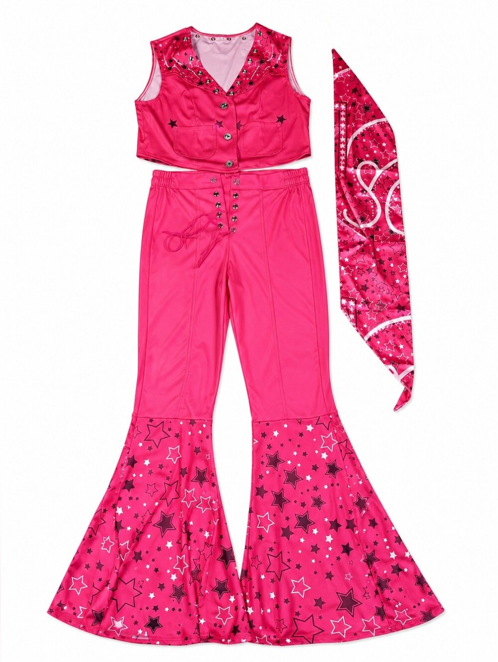 Women’s Pink Disco Cowgirl Costume Set Medium Bell Bottom Pants Vest Bandana